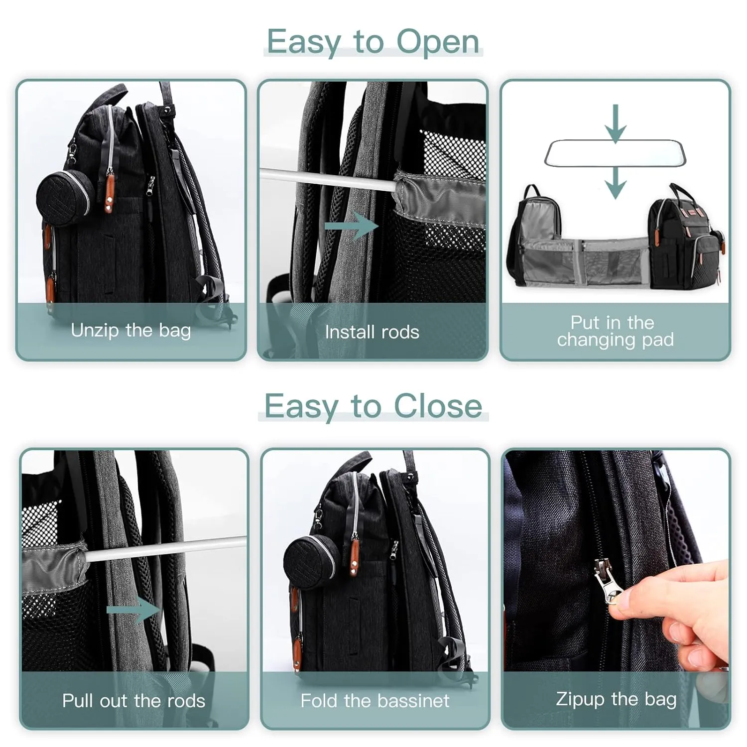 Diaper Bag Backpack with Changing Station, Large Diaper Bag, Multifunctional Diaper Bag, Baby Bags, Baby Backpack, Black