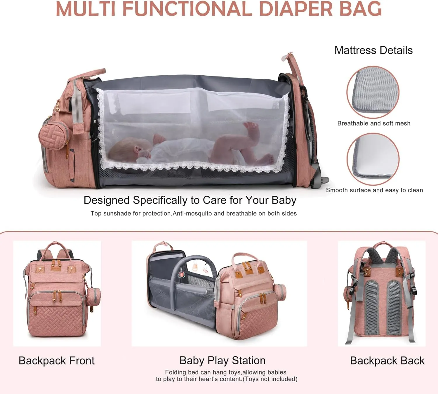 Diaper Bag Backpack with Changing Station, Multifunction Travel Baby Bag, Waterproof Baby Tote, Large Capacity Mommy Bag, Newborn Essentials Backpack Bag, Girls, Pink