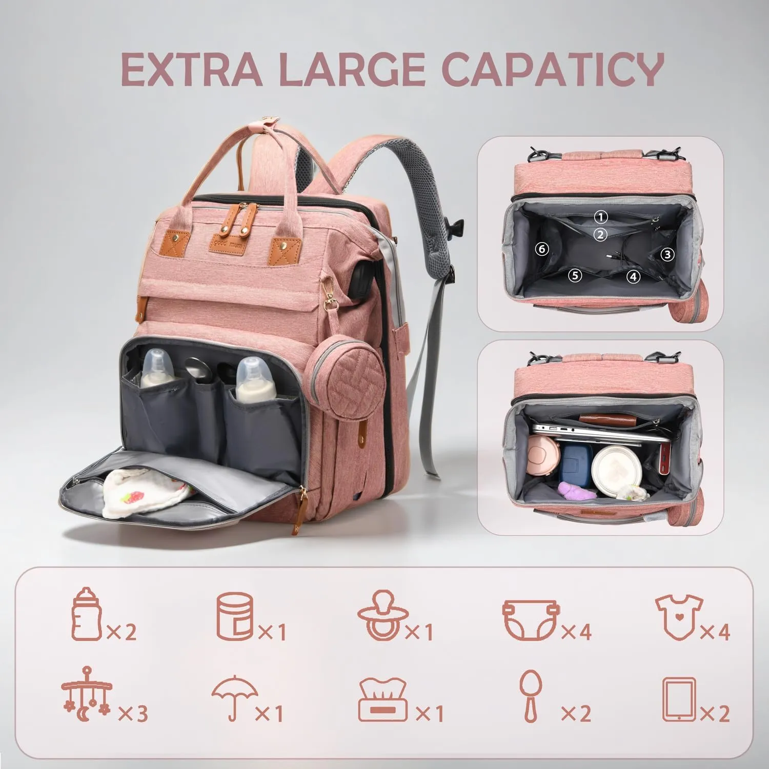 Diaper Bag Backpack with Changing Station, Multifunction Travel Baby Bag, Waterproof Baby Tote, Large Capacity Mommy Bag, Newborn Essentials Backpack Bag, Girls, Pink