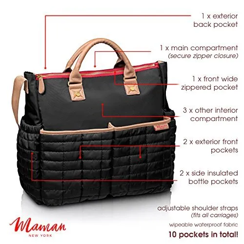 Diaper Bag- by Maman - with Matching Changing Pad - Stylish Designer Tote for Moms - for Baby Boys and Girls - DESIGN PATENT PENDING