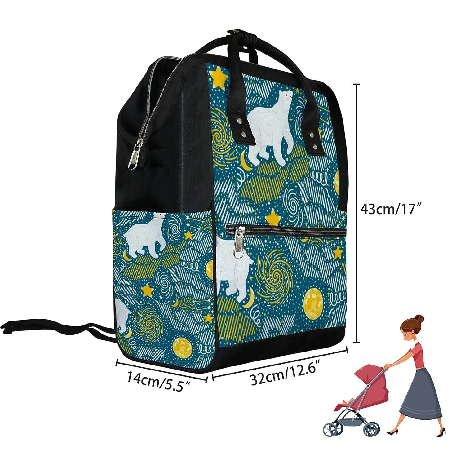 Diaper Bag Mummy Backpack Polar Bears Moon Stars Galaxy Night Multifunction Baby Nappy Bag Large Capacity Nursing Bags Waterproof Travel Backpack