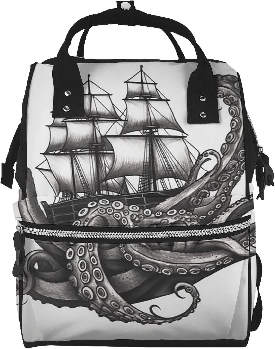 Diaper Bag Nappy Backpack Baby Bag Black and White Octopus and Ship Mummy Backpack Multifunction Changing Bags for Travel, Black and White Octopus and Ship, One Size