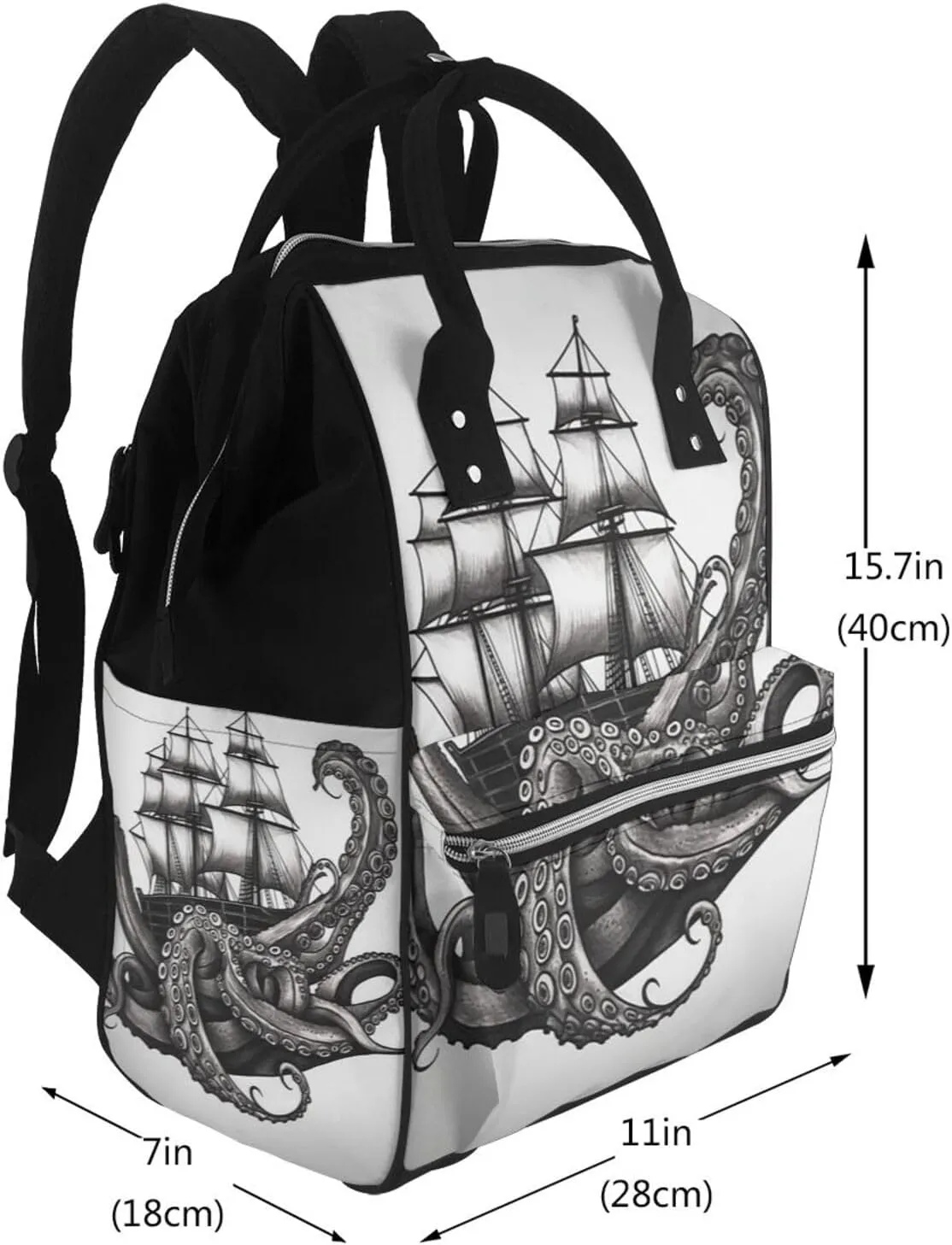 Diaper Bag Nappy Backpack Baby Bag Black and White Octopus and Ship Mummy Backpack Multifunction Changing Bags for Travel, Black and White Octopus and Ship, One Size