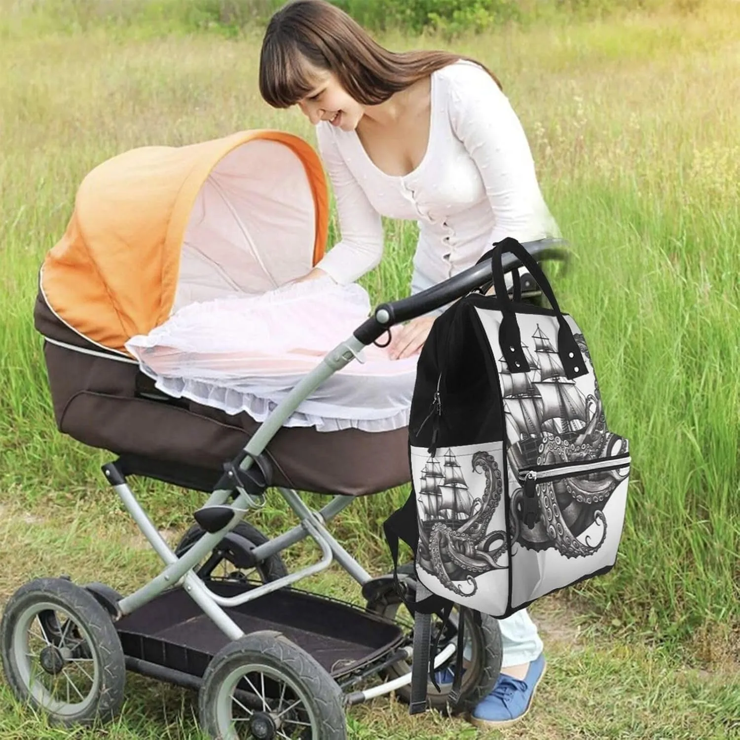 Diaper Bag Nappy Backpack Baby Bag Black and White Octopus and Ship Mummy Backpack Multifunction Changing Bags for Travel, Black and White Octopus and Ship, One Size