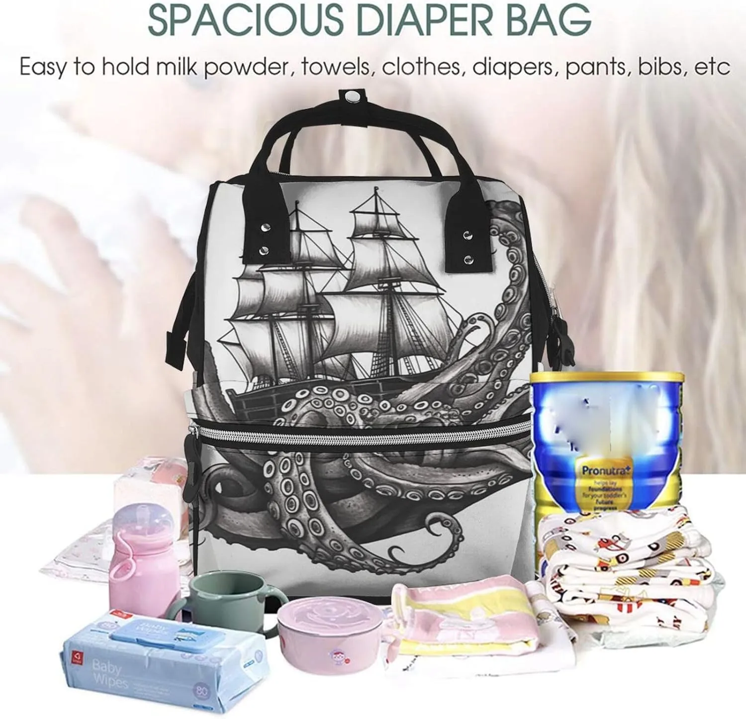 Diaper Bag Nappy Backpack Baby Bag Black and White Octopus and Ship Mummy Backpack Multifunction Changing Bags for Travel, Black and White Octopus and Ship, One Size