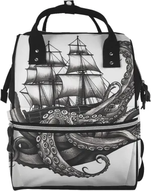 Diaper Bag Nappy Backpack Baby Bag Black and White Octopus and Ship Mummy Backpack Multifunction Changing Bags for Travel, Black and White Octopus and Ship, One Size