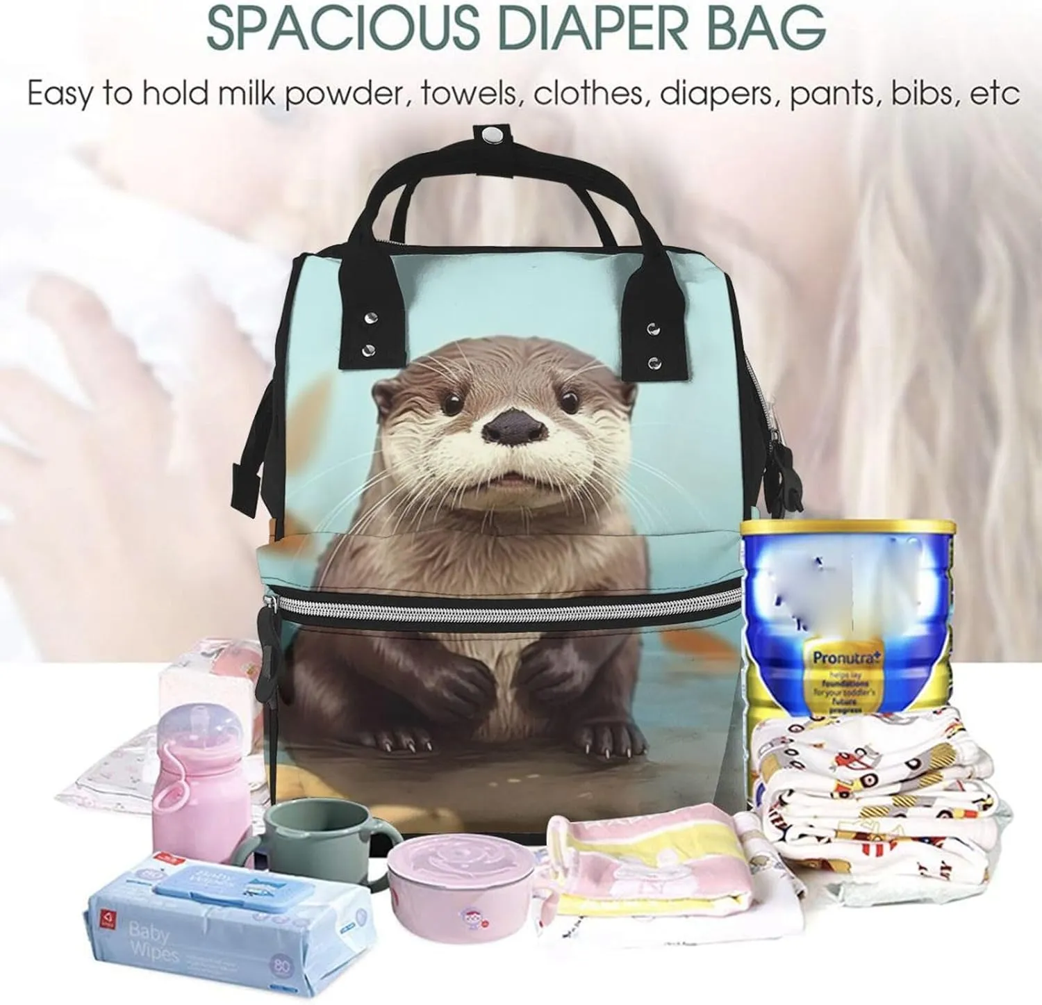 Diaper Bag Nappy Backpack Baby Bag Black and White Octopus and Ship Mummy Backpack Multifunction Changing Bags for Travel, Cute Otter, One Size