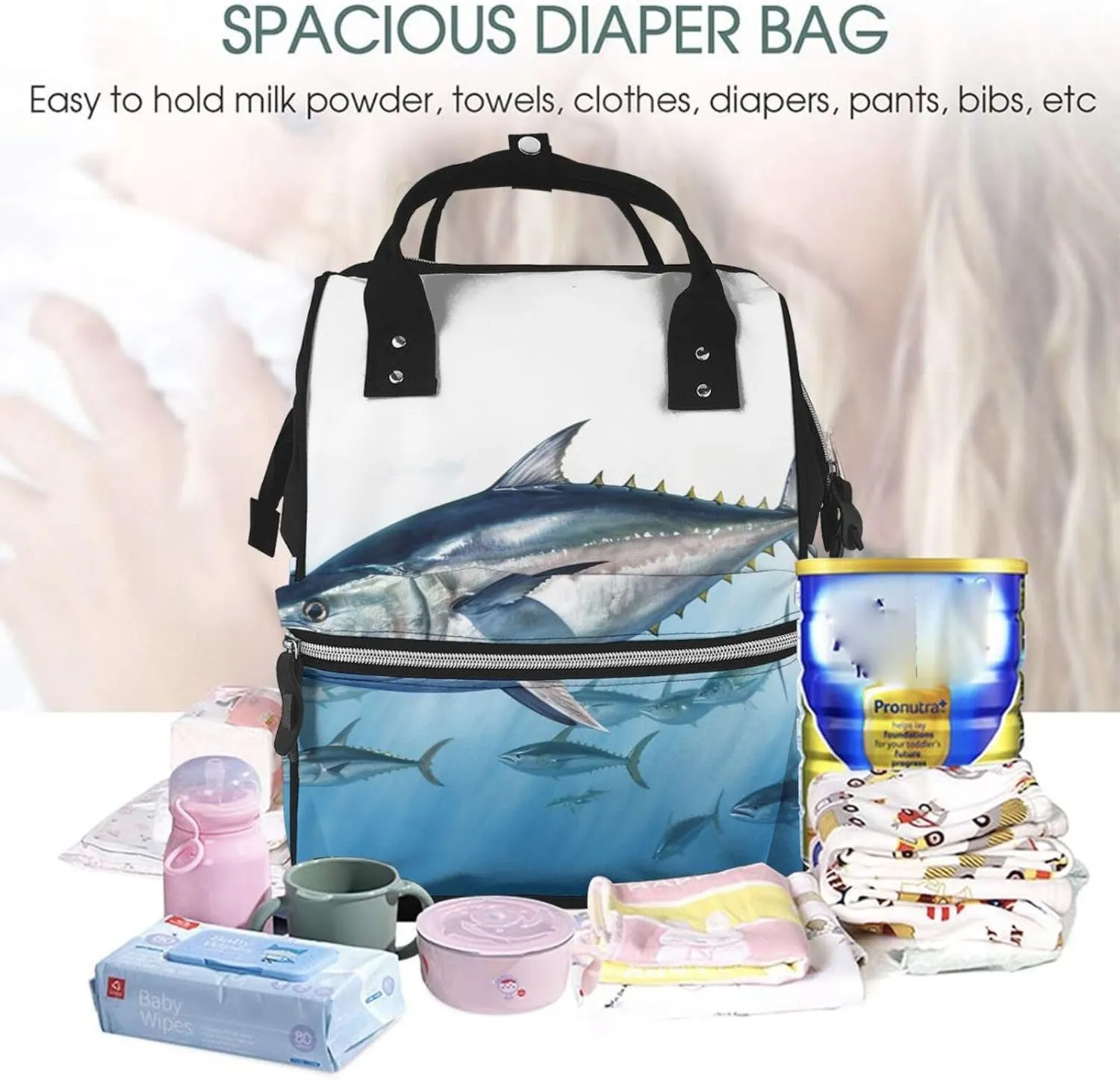 Diaper Bag Nappy Backpack Baby Bag Opossum and Roses Mummy Backpack Multifunction Changing Bags for Travel, Bluefin Tuna Thunnus, One Size