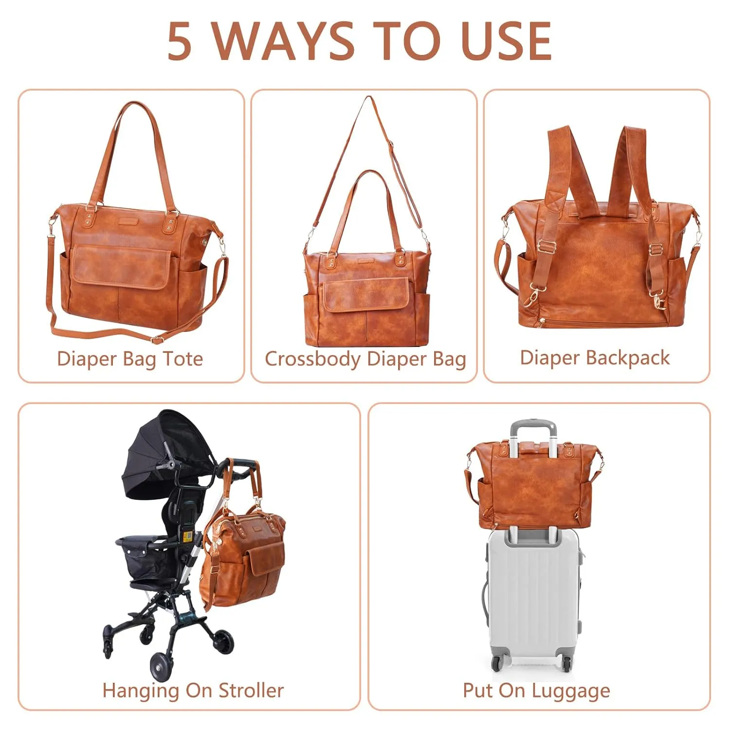 Diaper Bag Tote Fashion Leather Diaper Bag Backpack with 13 Pockets for Mom Dad, Large Travel Baby Bag Purse for Boys Girls with 3 Insulated Pockets, Changing Station - Brown