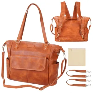 Diaper Bag Tote Fashion Leather Diaper Bag Backpack with 13 Pockets for Mom Dad, Large Travel Baby Bag Purse for Boys Girls with 3 Insulated Pockets, Changing Station - Brown