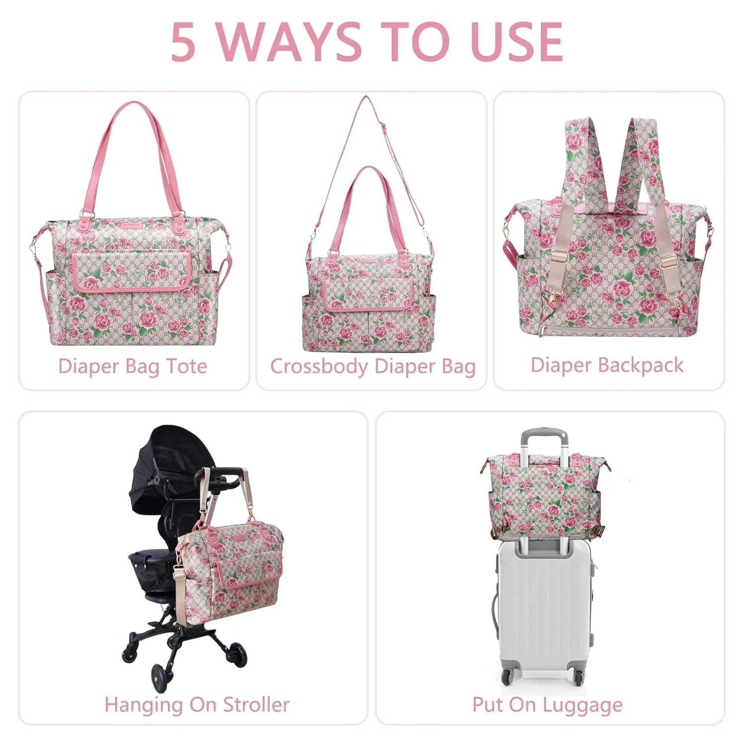 Diaper Bag Tote Fashion Leather Diaper Bag Backpack with 13 Pockets for Mom Dad, Large Travel Baby Bag Purse for Boys Girls with 3 Insulated Pockets, Changing Station - Flower Pattern
