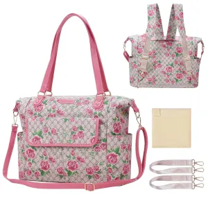 Diaper Bag Tote Fashion Leather Diaper Bag Backpack with 13 Pockets for Mom Dad, Large Travel Baby Bag Purse for Boys Girls with 3 Insulated Pockets, Changing Station - Flower Pattern