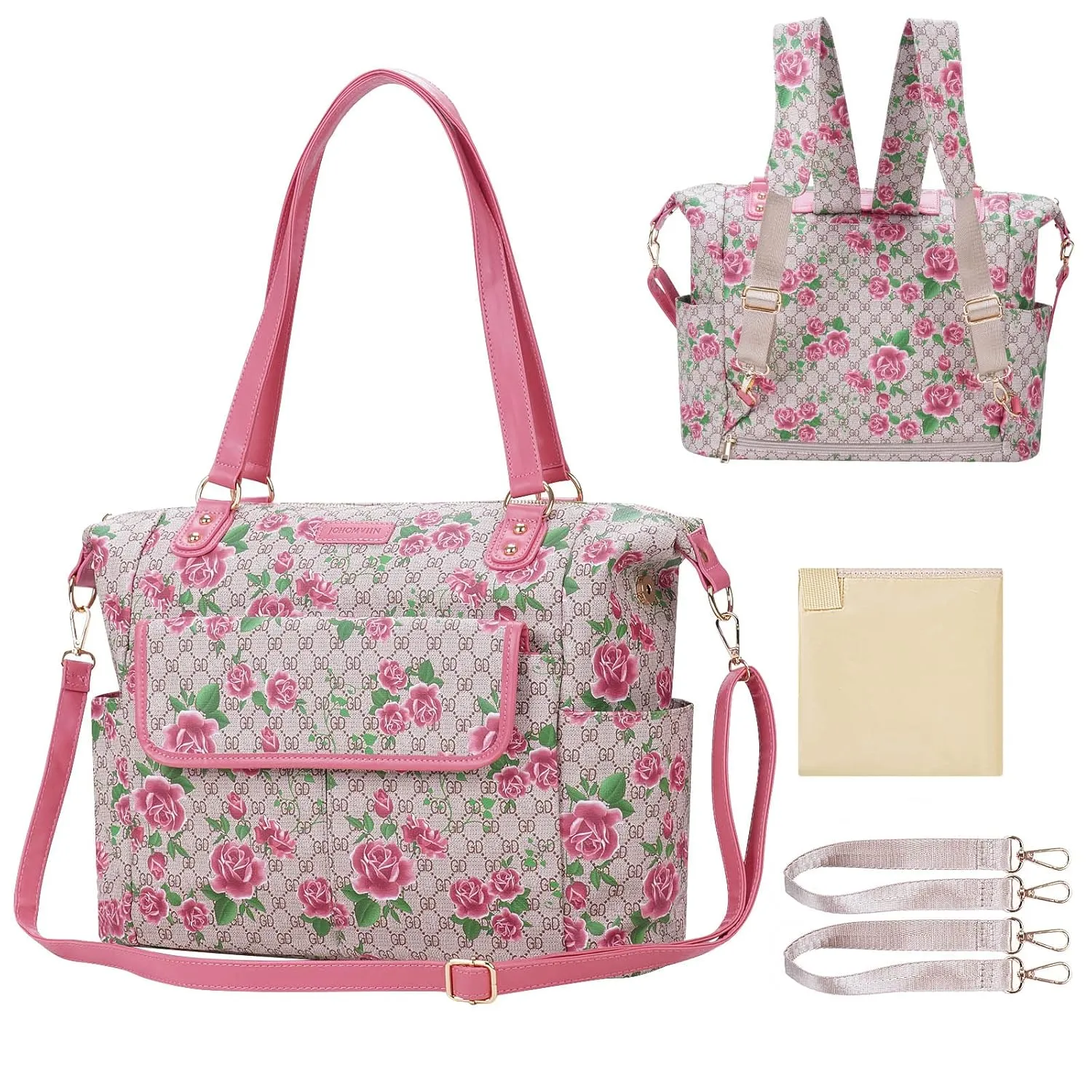 Diaper Bag Tote Fashion Leather Diaper Bag Backpack with 13 Pockets for Mom Dad, Large Travel Baby Bag Purse for Boys Girls with 3 Insulated Pockets, Changing Station - Flower Pattern