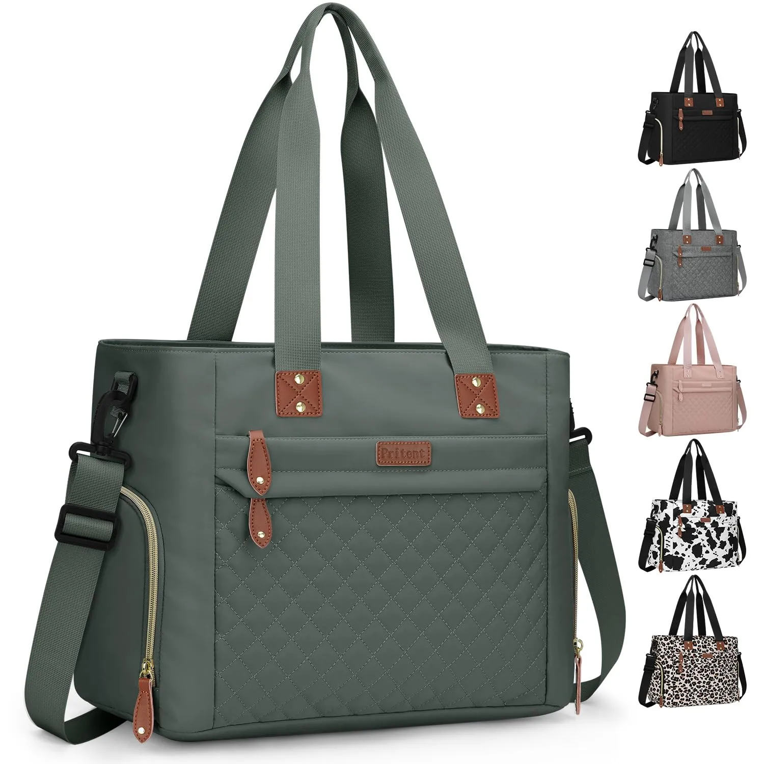 Diaper Bag Tote for Working Mom, Large Travel Diaper Tote for Mom and Dad with 15 Inch Laptop Sleeve, Mommy Maternity Travel Baby Bag for Boys and Girls, Green