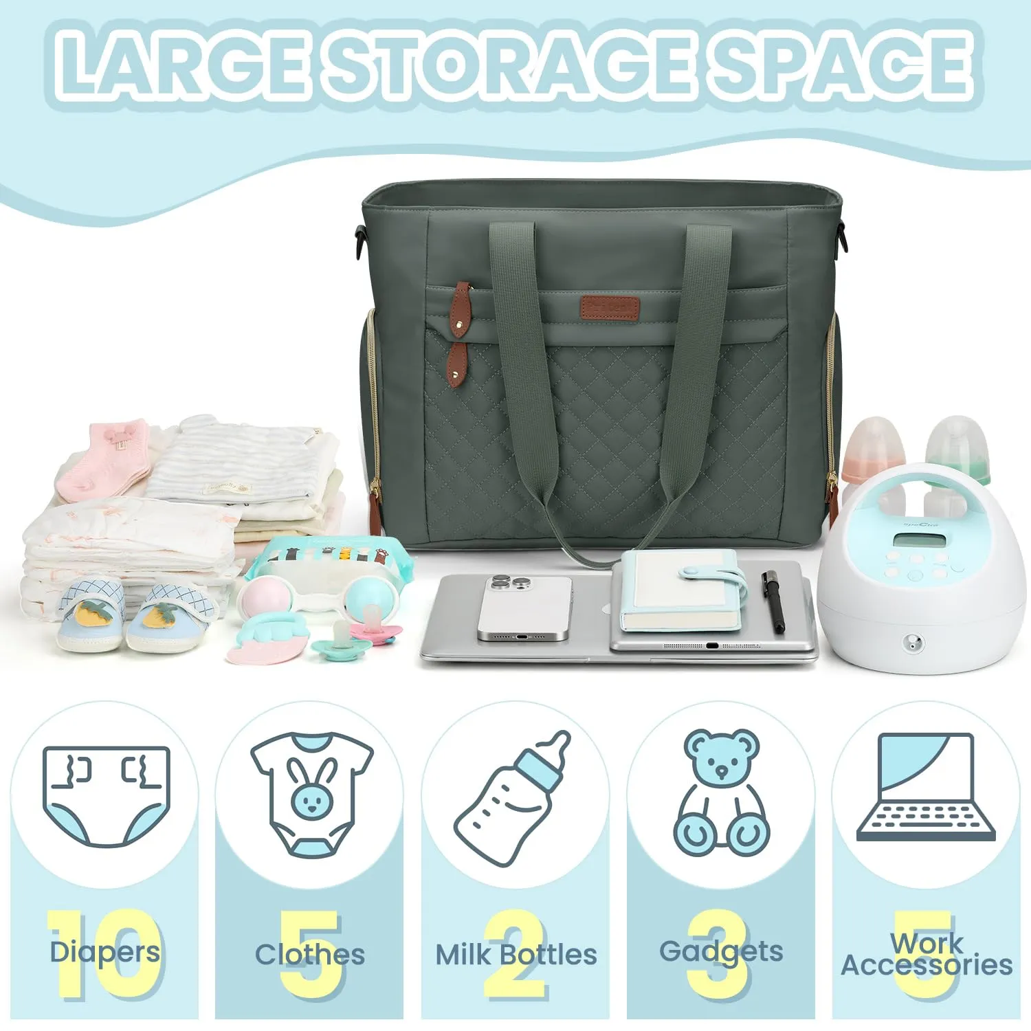 Diaper Bag Tote for Working Mom, Large Travel Diaper Tote for Mom and Dad with 15 Inch Laptop Sleeve, Mommy Maternity Travel Baby Bag for Boys and Girls, Green