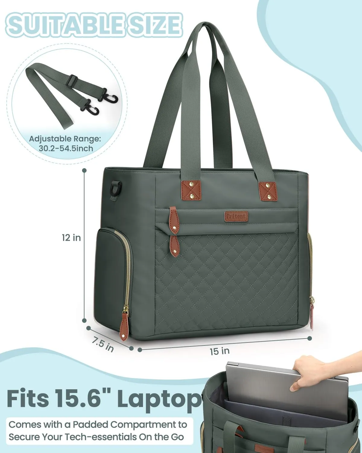 Diaper Bag Tote for Working Mom, Large Travel Diaper Tote for Mom and Dad with 15 Inch Laptop Sleeve, Mommy Maternity Travel Baby Bag for Boys and Girls, Green
