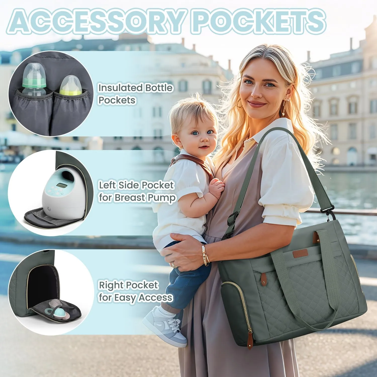 Diaper Bag Tote for Working Mom, Large Travel Diaper Tote for Mom and Dad with 15 Inch Laptop Sleeve, Mommy Maternity Travel Baby Bag for Boys and Girls, Green