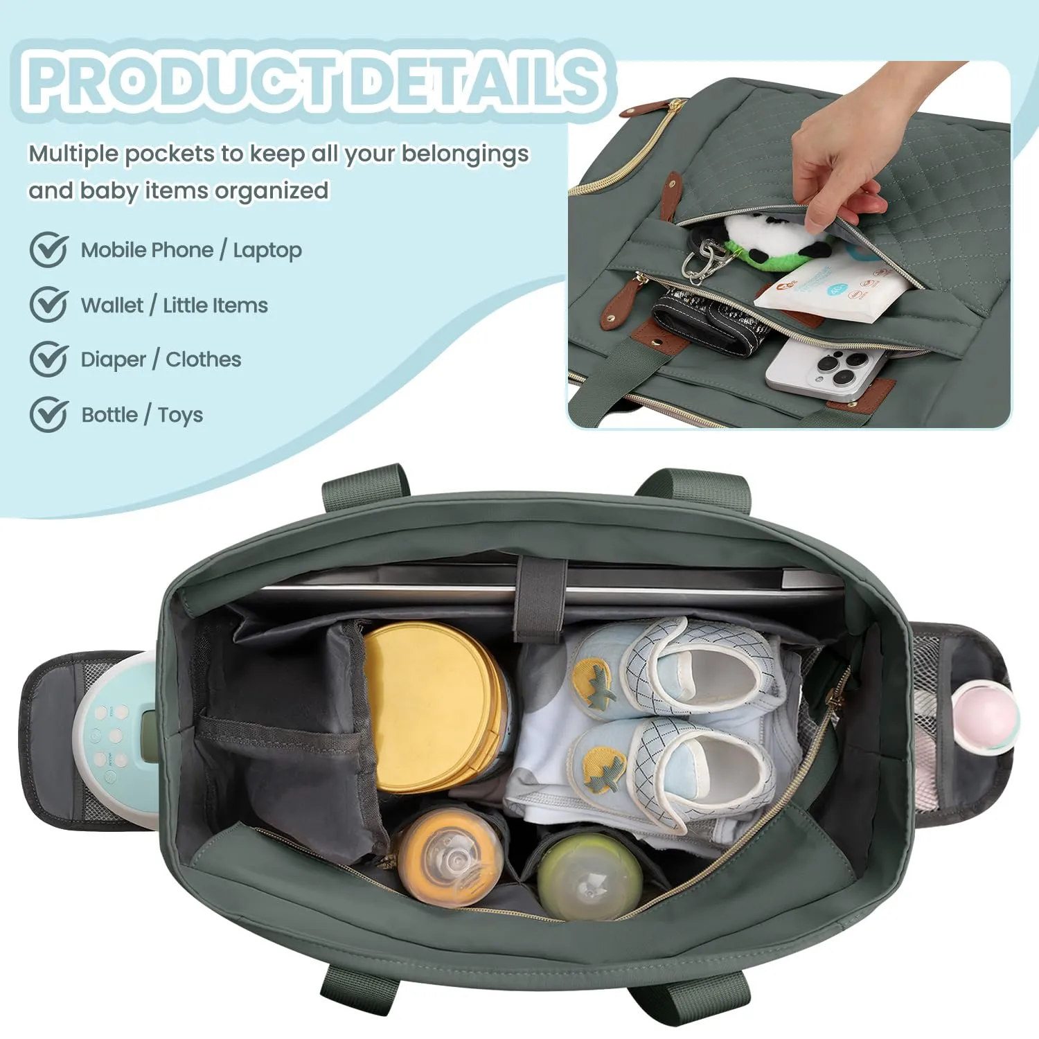 Diaper Bag Tote for Working Mom, Large Travel Diaper Tote for Mom and Dad with 15 Inch Laptop Sleeve, Mommy Maternity Travel Baby Bag for Boys and Girls, Green