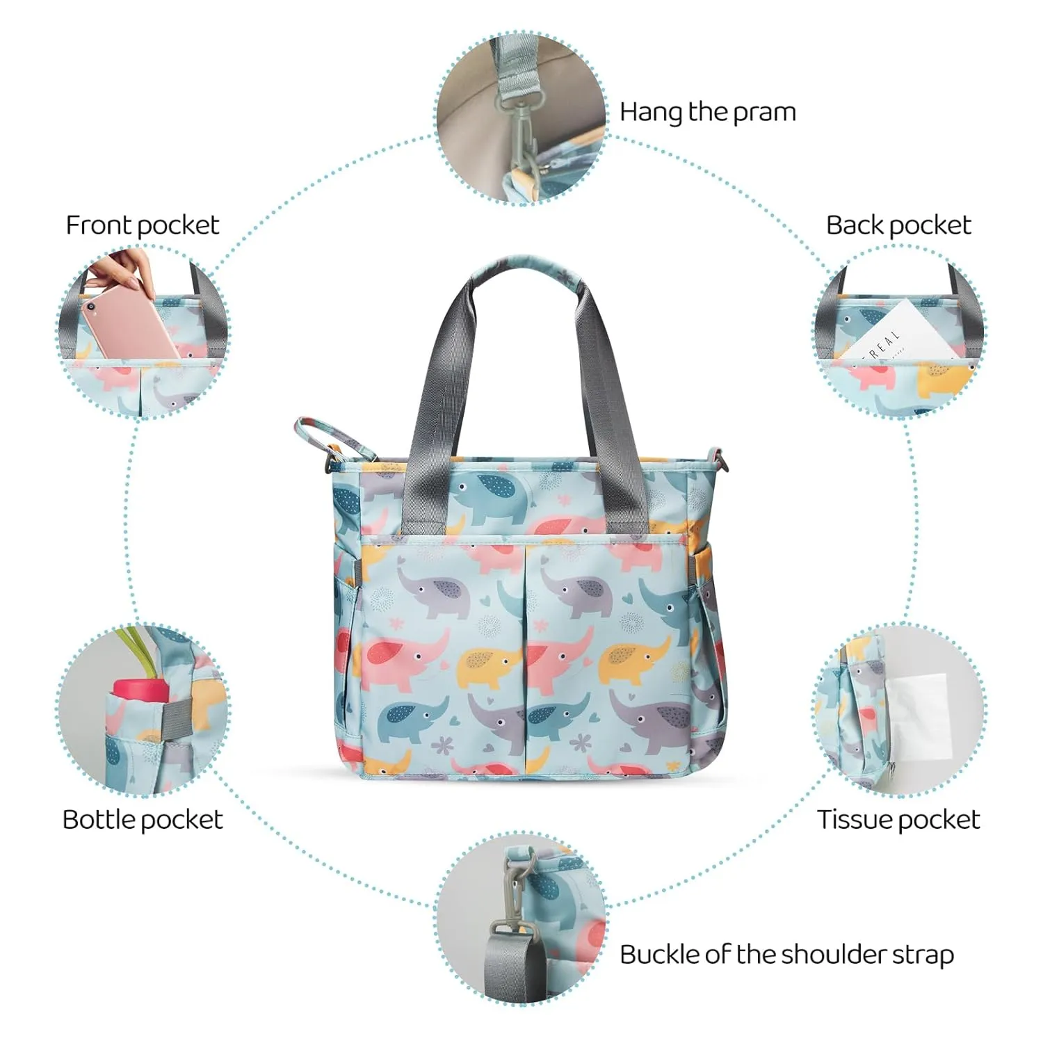 Diaper Bag Tote Satchel Waterproof Messenger Diaper Bags for Mom and Dad Multifunction Large Travel Tote Bags (Blue Elephant)