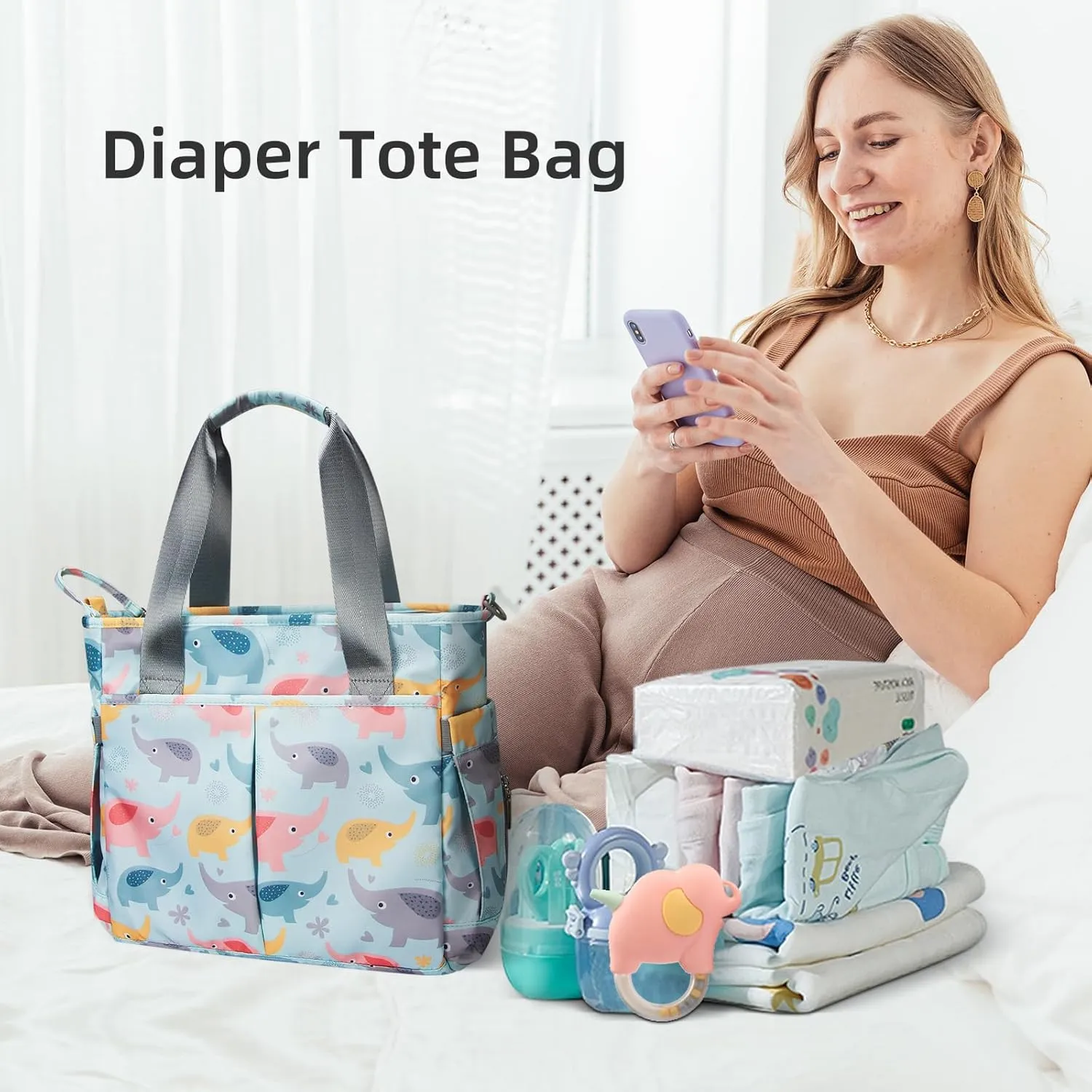 Diaper Bag Tote Satchel Waterproof Messenger Diaper Bags for Mom and Dad Multifunction Large Travel Tote Bags (Blue Elephant)