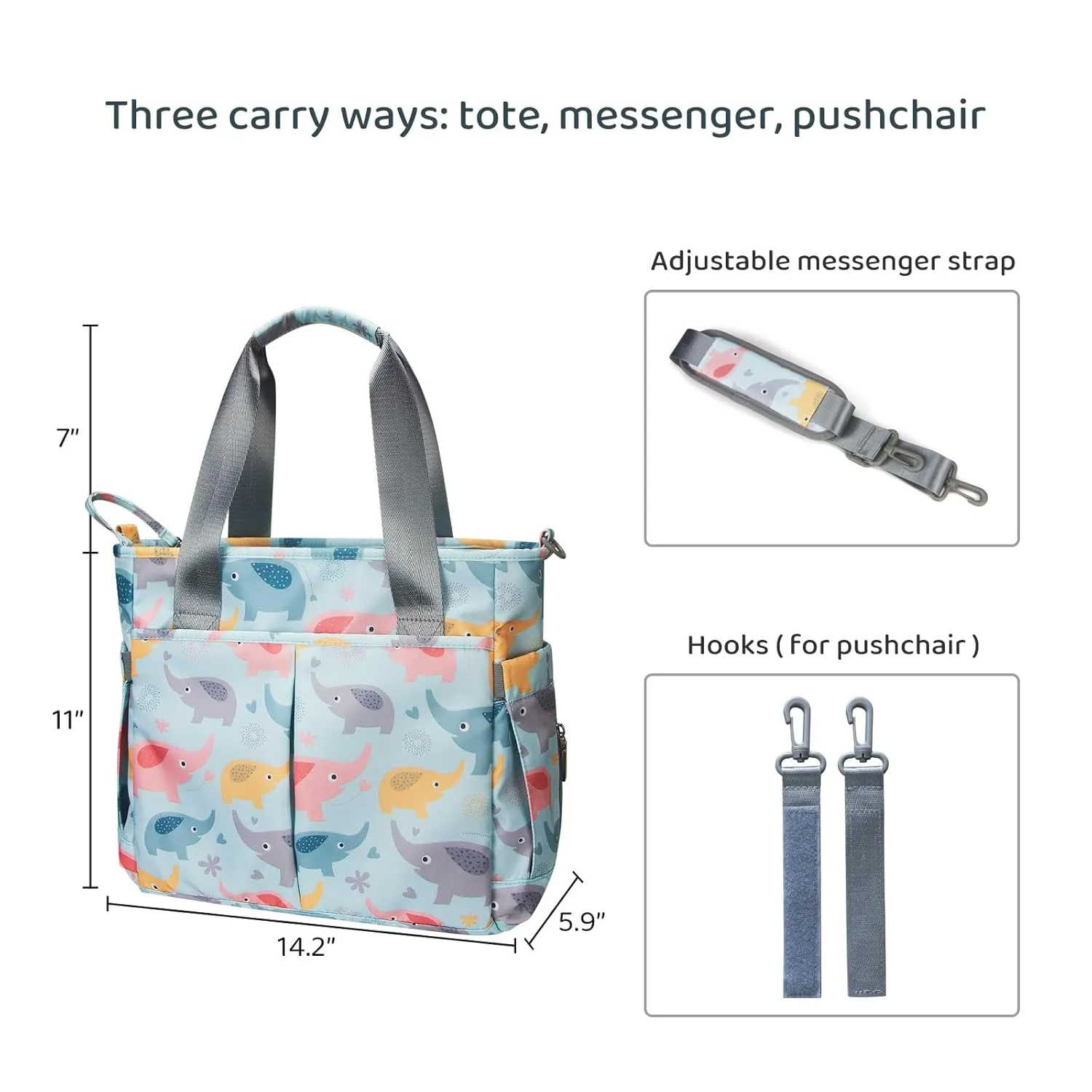 Diaper Bag Tote Satchel Waterproof Messenger Diaper Bags for Mom and Dad Multifunction Large Travel Tote Bags (Blue Elephant)