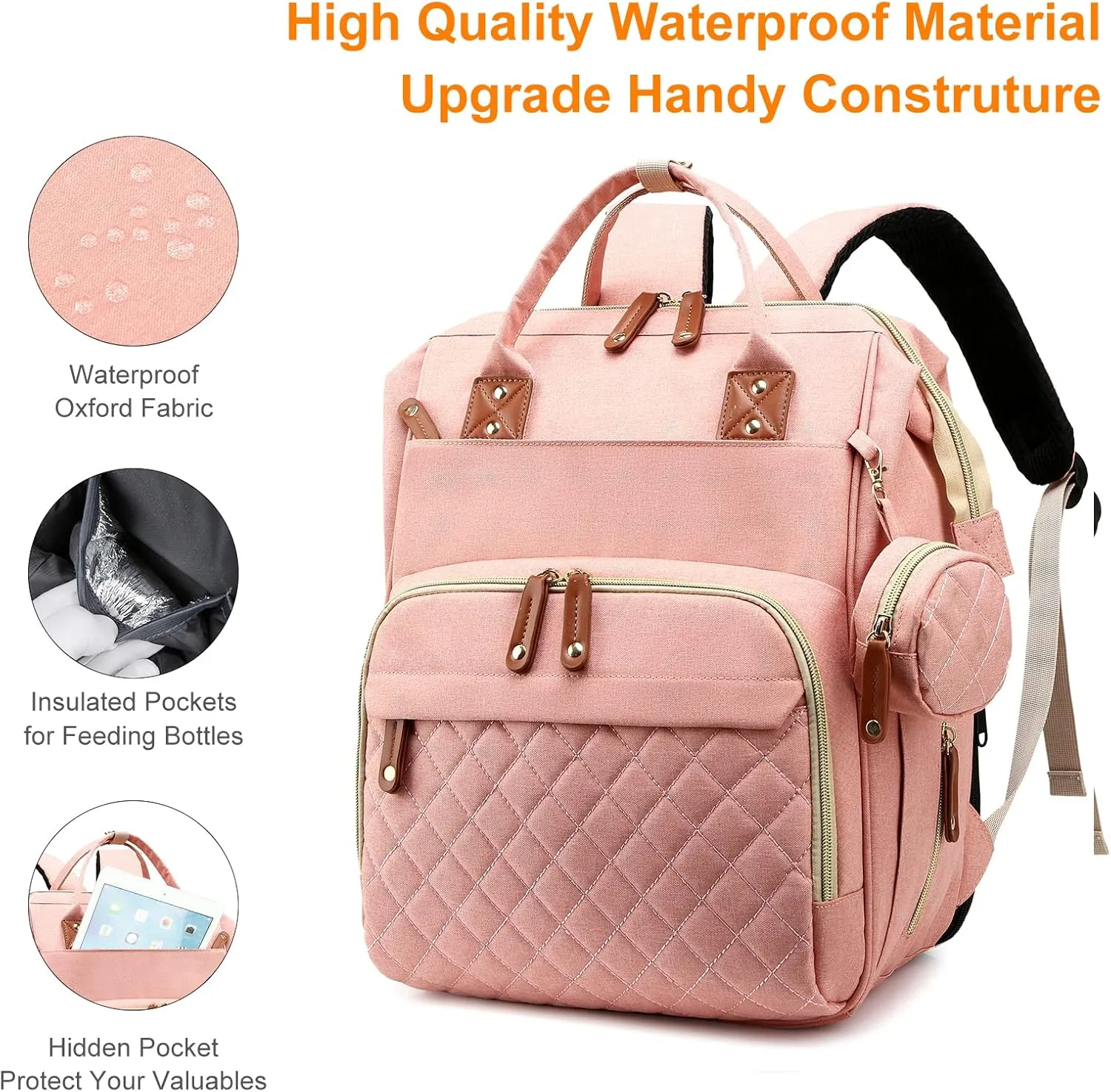 Diaper Bag with Changing Station, Waterproof 3 in 1 Baby Diaper Backpack with Foldable Changing Pad, Large Travel Back Pack for Baby Girl Boy, Peach Pink