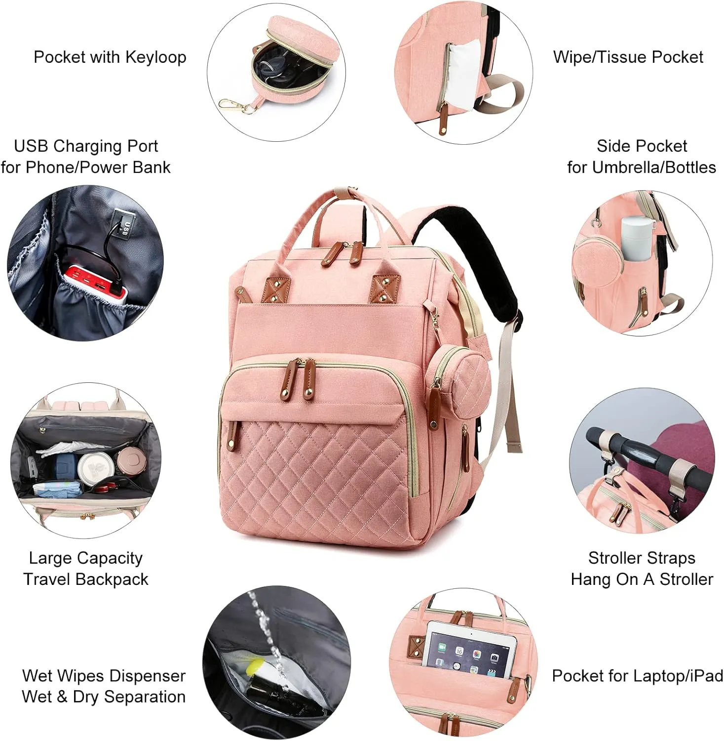 Diaper Bag with Changing Station, Waterproof 3 in 1 Baby Diaper Backpack with Foldable Changing Pad, Large Travel Back Pack for Baby Girl Boy, Peach Pink