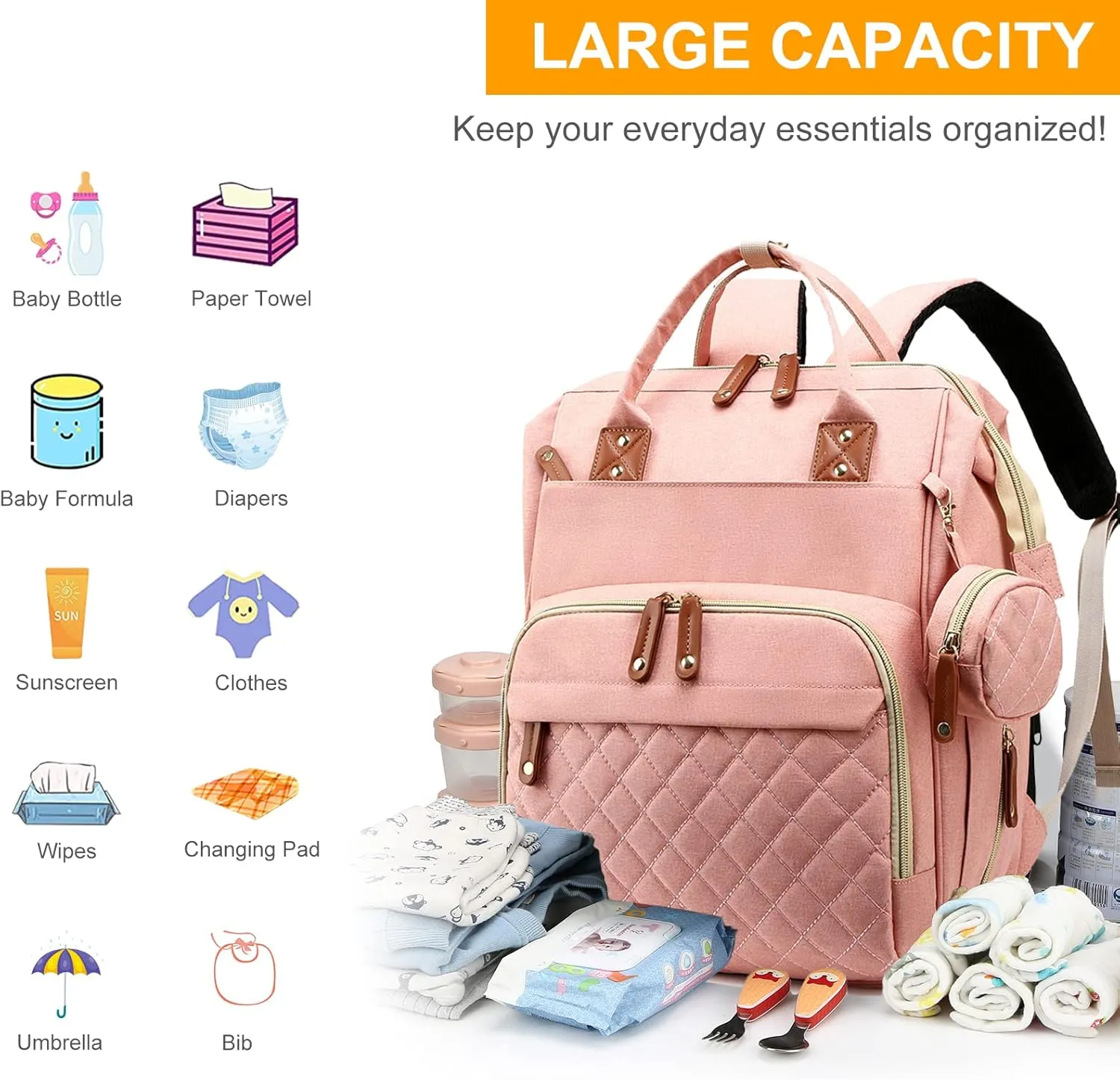 Diaper Bag with Changing Station, Waterproof 3 in 1 Baby Diaper Backpack with Foldable Changing Pad, Large Travel Back Pack for Baby Girl Boy, Peach Pink