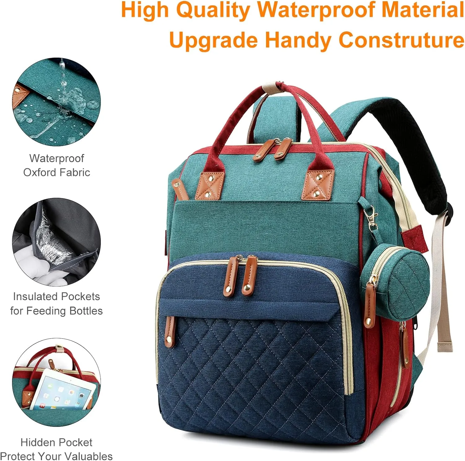 Diaper Bag with Changing Station, Waterproof 3 in 1 Baby Diaper Backpack with Foldable Changing Pad, Large Travel Back Pack for Girl Boy, Red-Green-Blue
