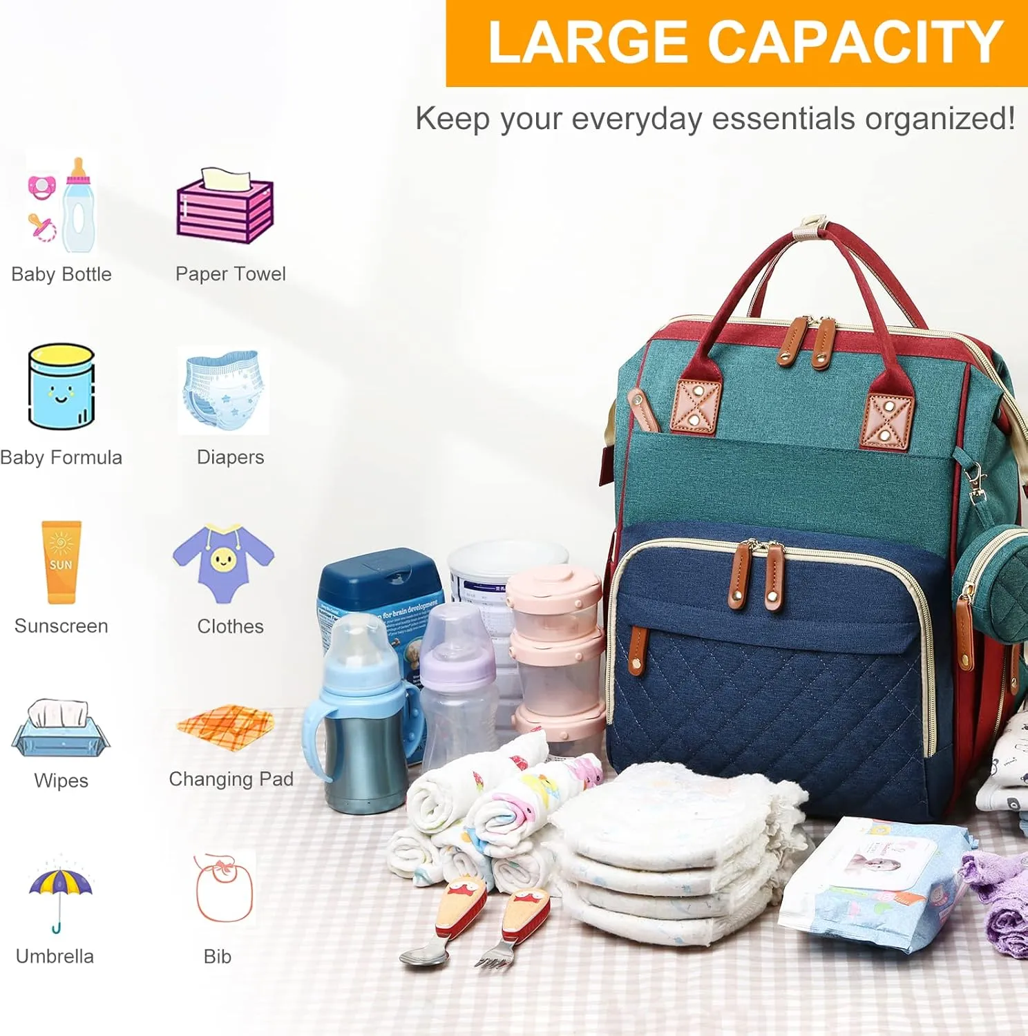Diaper Bag with Changing Station, Waterproof 3 in 1 Baby Diaper Backpack with Foldable Changing Pad, Large Travel Back Pack for Girl Boy, Red-Green-Blue