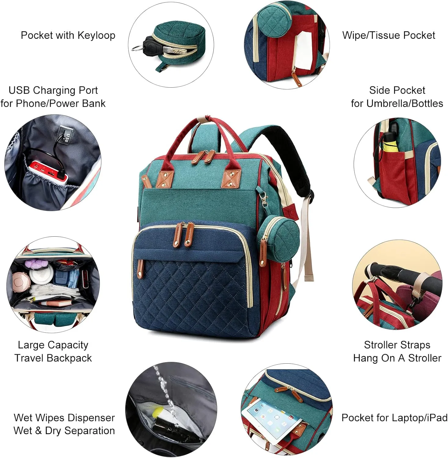 Diaper Bag with Changing Station, Waterproof 3 in 1 Baby Diaper Backpack with Foldable Changing Pad, Large Travel Back Pack for Girl Boy, Red-Green-Blue