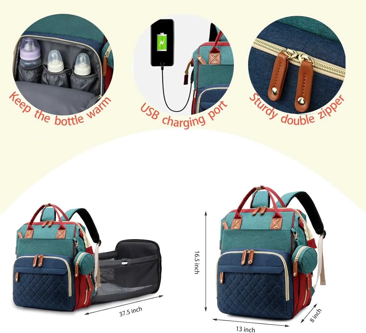 Diaper Bag with Changing Station, Waterproof 3 in 1 Baby Diaper Backpack with Foldable Changing Pad, Large Travel Back Pack for Girl Boy, Red-Green-Blue