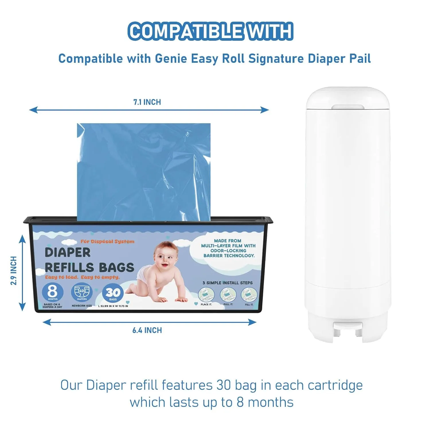 Diaper Pail Refills Bags with 30 Bags Compatible with Genie Easy Roll Signature Diaper Pails and Platinum Diaper Pails, Lasts Up to 8 Months, 7-Layer Odor-Barrier Technology, 2 Pack (60 Bags)