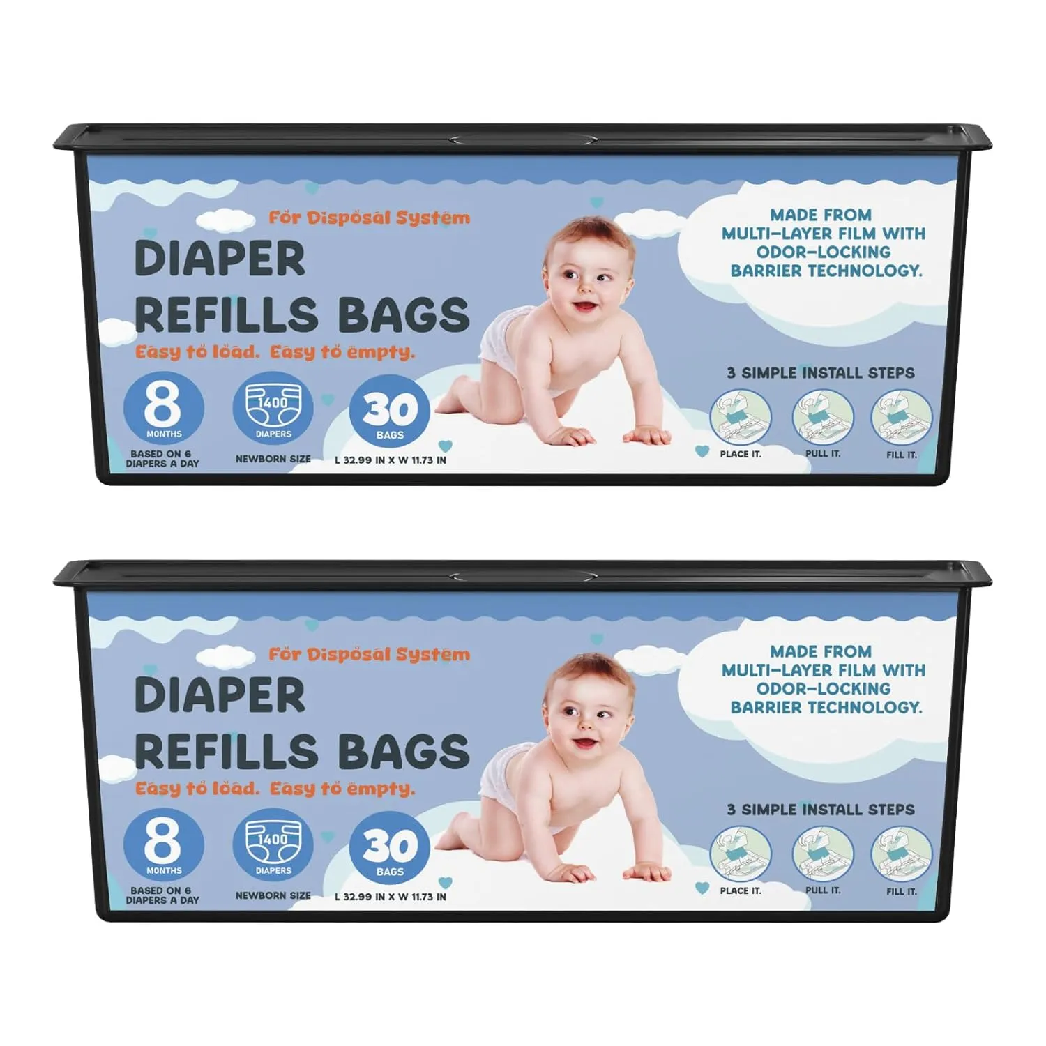 Diaper Pail Refills Bags with 30 Bags Compatible with Genie Easy Roll Signature Diaper Pails and Platinum Diaper Pails, Lasts Up to 8 Months, 7-Layer Odor-Barrier Technology, 2 Pack (60 Bags)