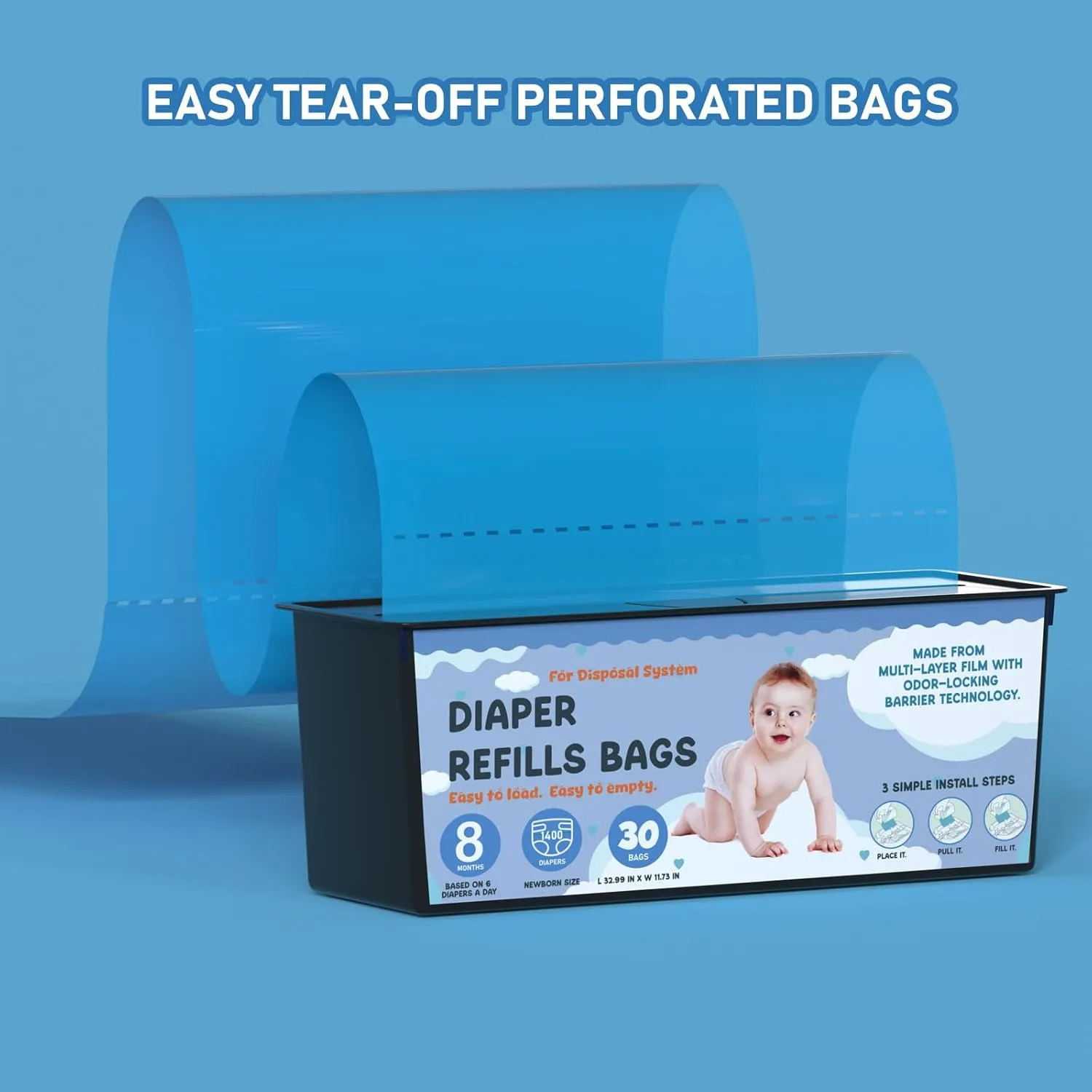 Diaper Pail Refills Bags with 30 Bags Compatible with Genie Easy Roll Signature Diaper Pails and Platinum Diaper Pails, Lasts Up to 8 Months, 7-Layer Odor-Barrier Technology, 2 Pack (60 Bags)