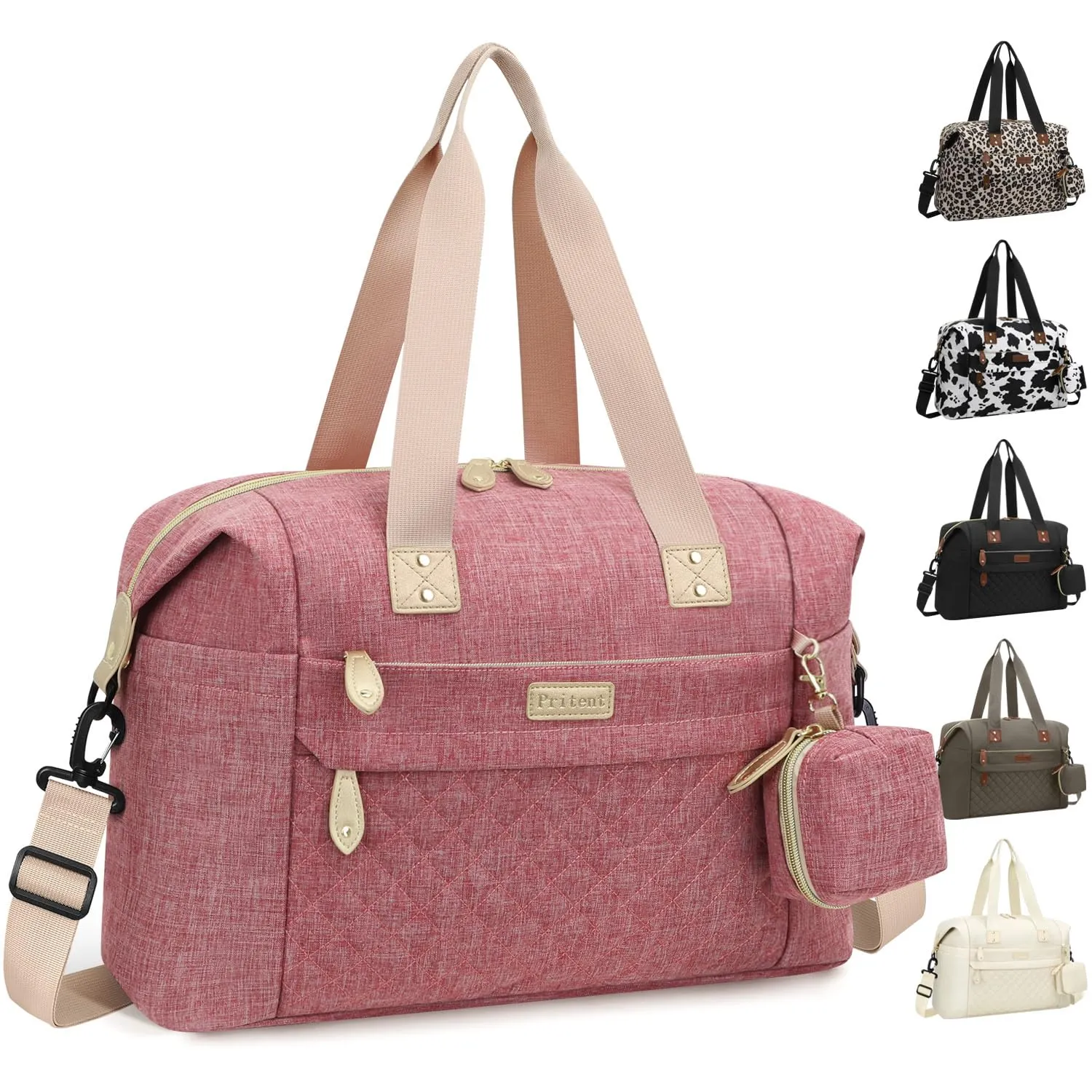 Diaper Tote, Baby Bags with Pacifier Case, Shoulder Straps, Stroller Clips, Waterproof Mommy Bag - Medium, Pink