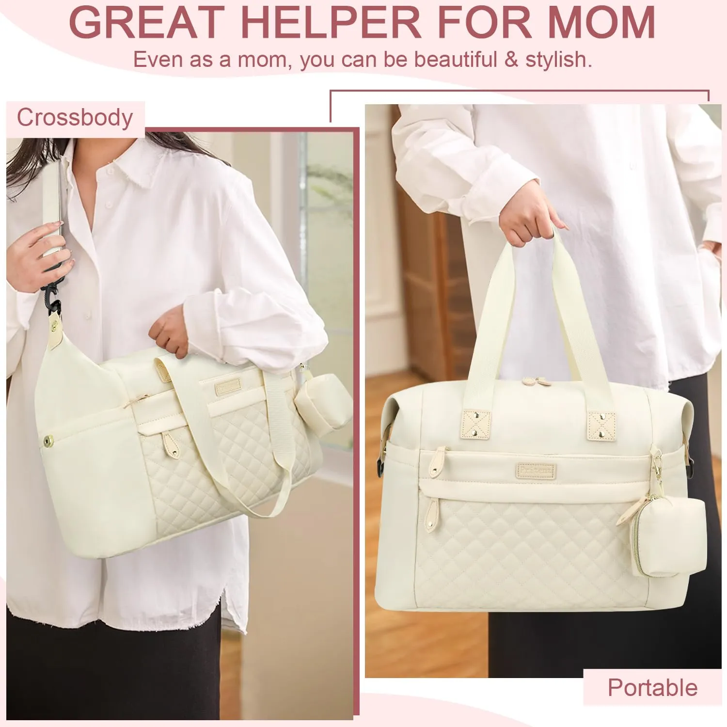 Diaper Tote - Diaper Bag with Pacifier Case, Shoulder Straps, Stroller Clips, Waterproof Mommy Bag for Mom and Dad, White