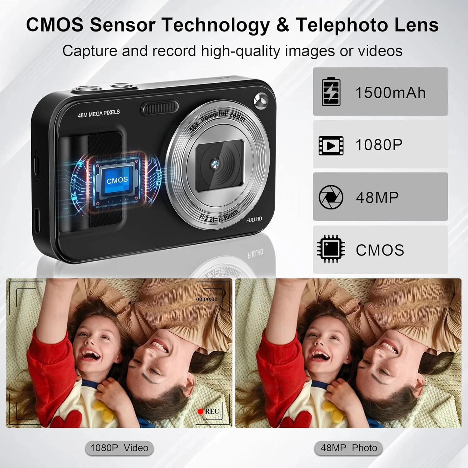 Digital Camera, Autofocus 48MP Kids Camera, FHD 1080P Point and Shoot Digital Cameras with 32GB Card, 16X Zoom Anti-Shake, Compact Camera with 1500mAh Batteries for Boys Girls Teens