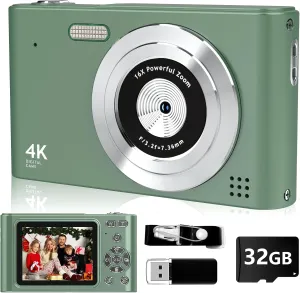 Digital Camera FHD 1080P with 32GB Card,44MP Point and Shoot Kids Camera with Anti Shake 16X Zoom，Portable Small Camera Gift for Kid Girl Boy Teen (Green)