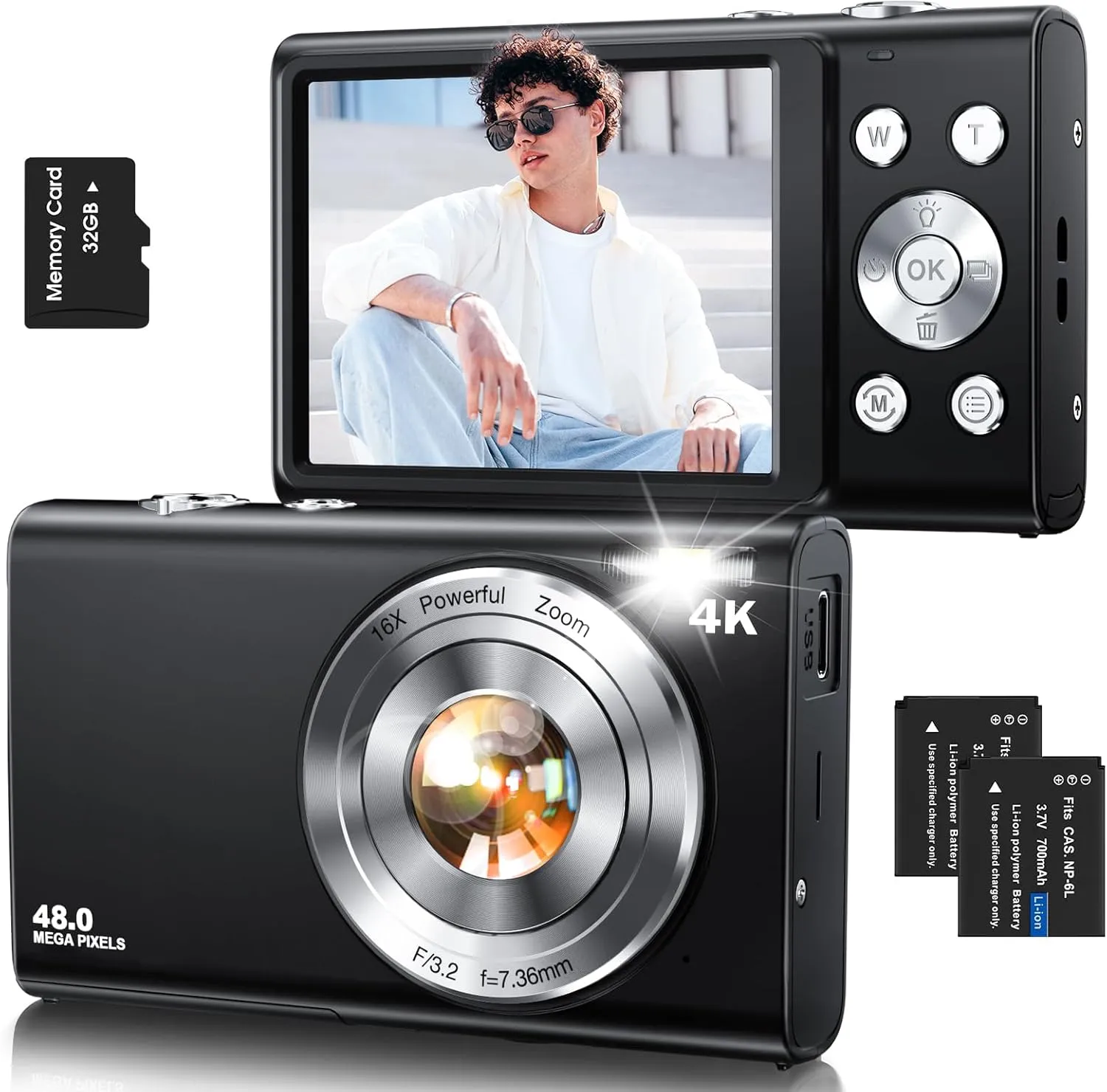 Digital Camera,Autofocus 4K Vlogging Camera for Photography with 32GB Card,48MP Portable Compact Point and Shoot Digital Camera for Teens Adult Beginner with 16X Zoom,Anti-Shake,2 Batteries(Black)