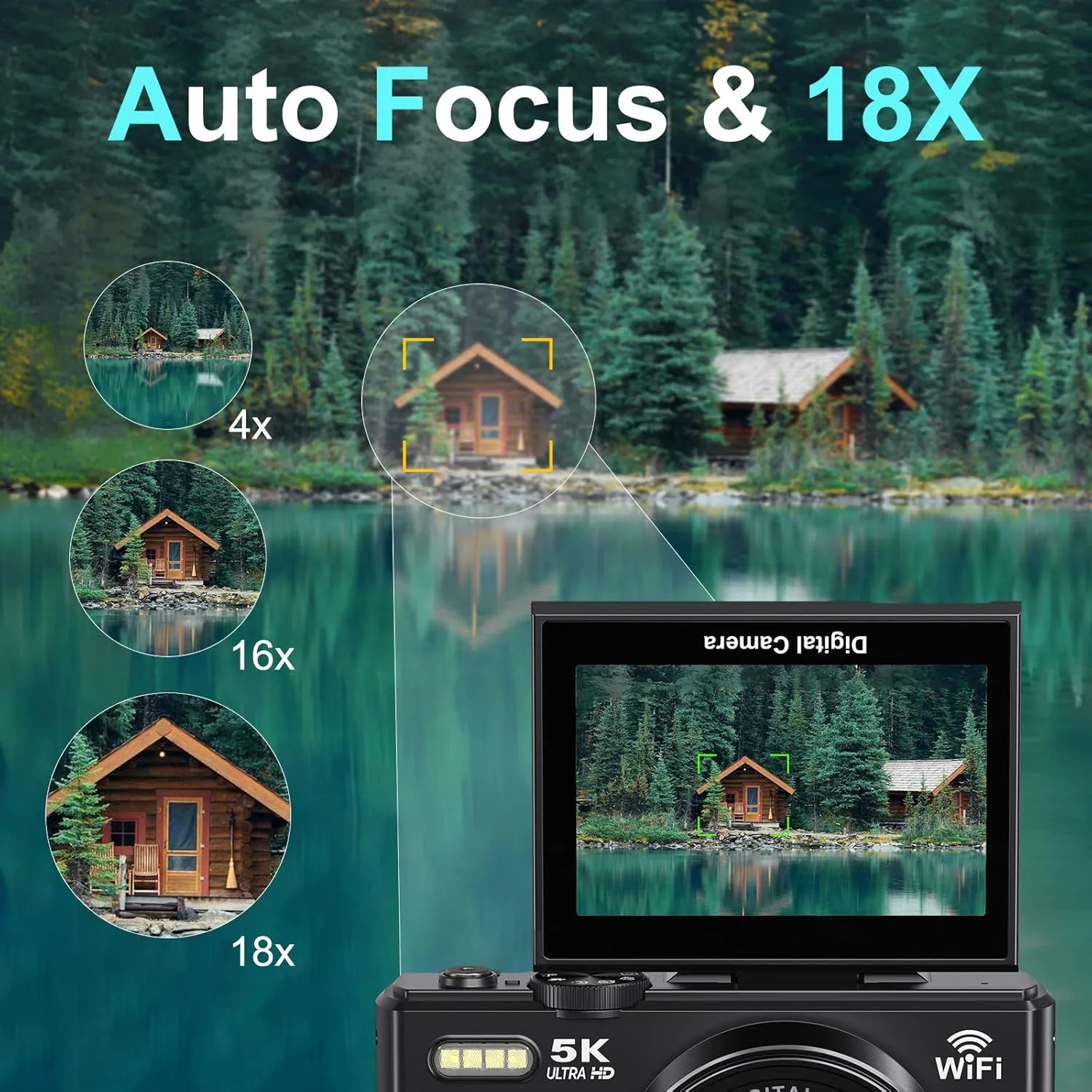 Digital Cameras for Photography 5K - 72MP Vlogging Camera for YouTube WiFi - UHD Autofocus Vlog Camera 3" 180° Flip Screen with 18X Zoom - Travel YouTube Camera Compact with 32GB SD Card, 2 Batteries