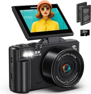 Digital Cameras for Photography 5K - 72MP Vlogging Camera for YouTube WiFi - UHD Autofocus Vlog Camera 3" 180° Flip Screen with 18X Zoom - Travel YouTube Camera Compact with 32GB SD Card, 2 Batteries