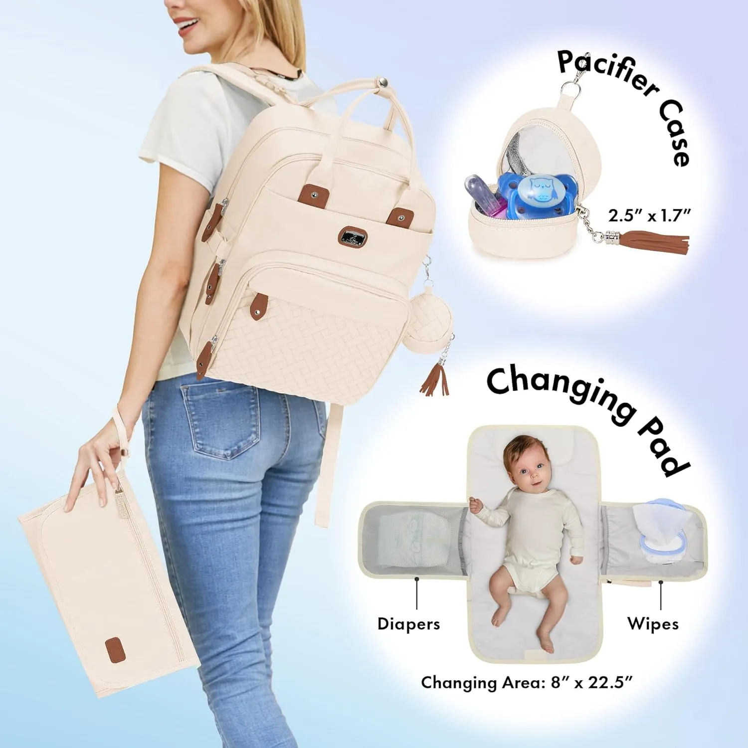 Dikaslon Diaper Bag Backpack with Portable Changing Pad, Pacifier Case and Stroller Straps, Large Unisex Baby Bags for Boys Girls, Multipurpose Travel Back Pack for Moms Dads,Off White