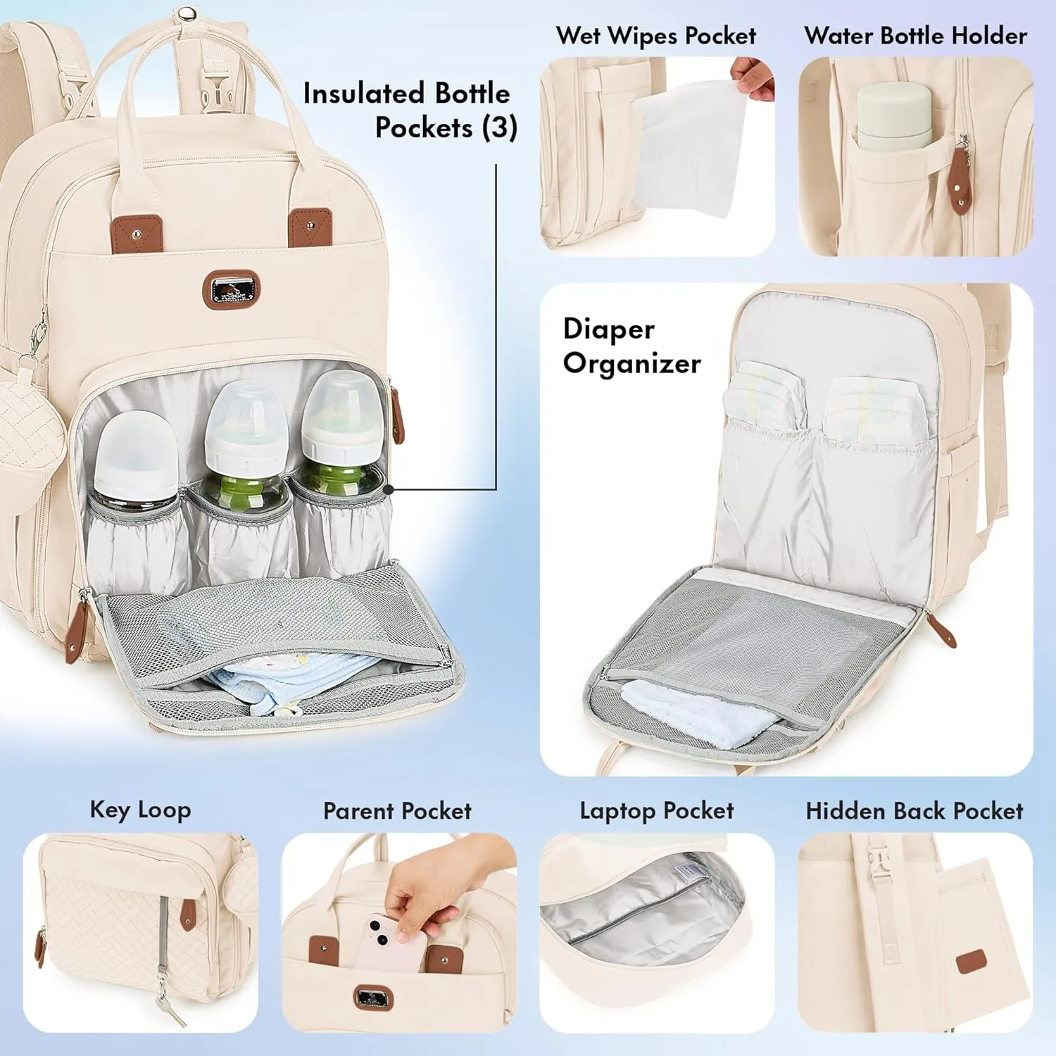 Dikaslon Diaper Bag Backpack with Portable Changing Pad, Pacifier Case and Stroller Straps, Large Unisex Baby Bags for Boys Girls, Multipurpose Travel Back Pack for Moms Dads,Off White