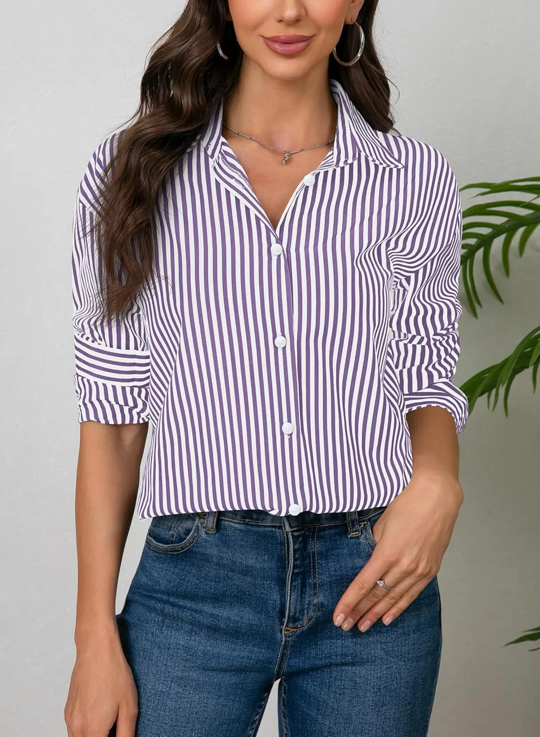 Diosun Womens Striped Button Down Shirts Classic Long Sleeve Stylish Collared Office Work Blouses Tops