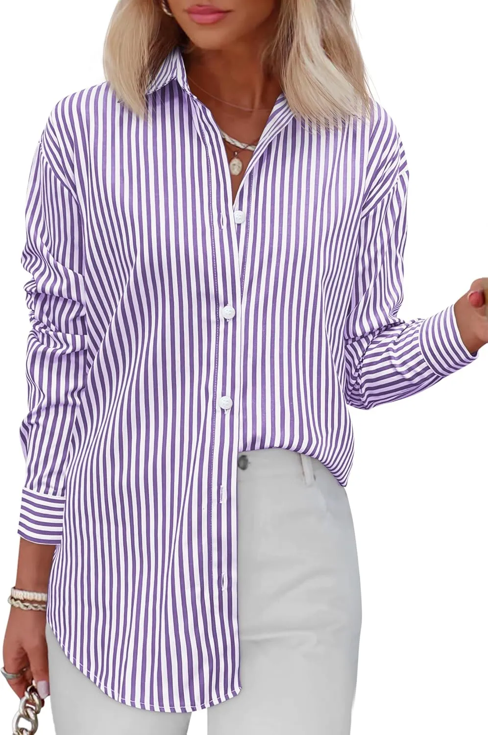 Diosun Womens Striped Button Down Shirts Classic Long Sleeve Stylish Collared Office Work Blouses Tops