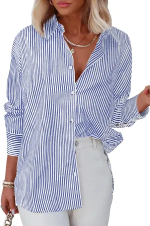 Diosun Womens Striped Button Down Shirts Classic Long Sleeve Stylish Collared Office Work Blouses Tops