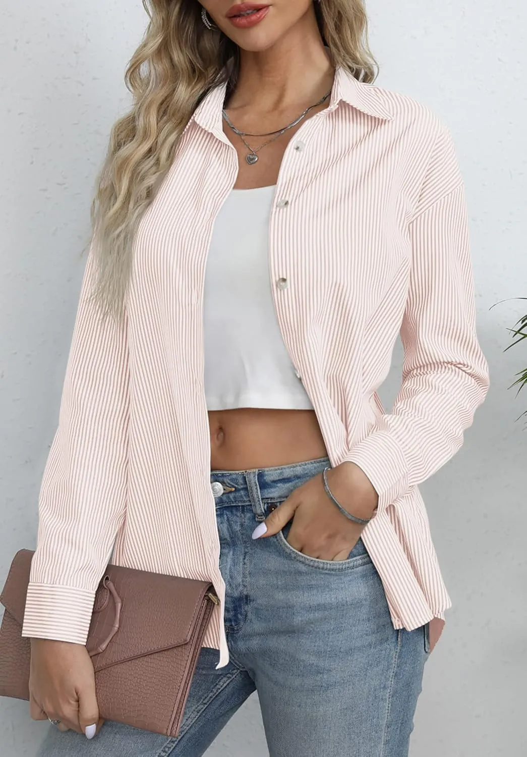 Diosun Womens Striped Button Down Shirts Classic Long Sleeve Stylish Collared Office Work Blouses Tops