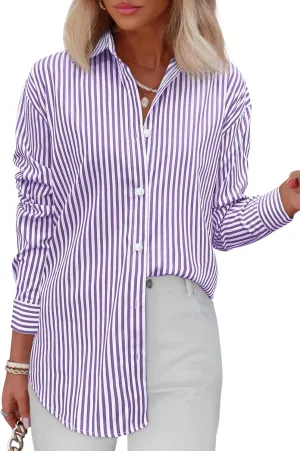 Diosun Womens Striped Button Down Shirts Classic Long Sleeve Stylish Collared Office Work Blouses Tops
