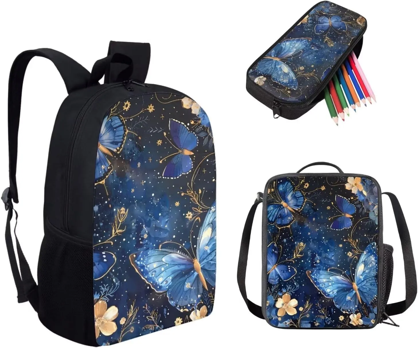doginthehole School Backpack for Teen Girls Lightweight Schoolbag with Insulated Lunch Box and Pencil Case Aesthetic Blue Butterfly Floral Design Travel Bookbag for Women Outdoor Daypack